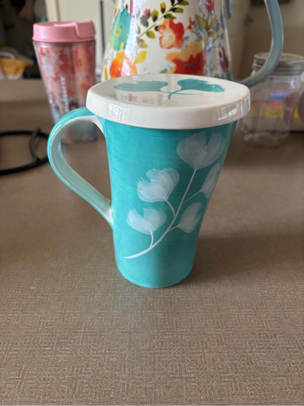 Ceramic Turquoise Floral Tea Mug with Lid